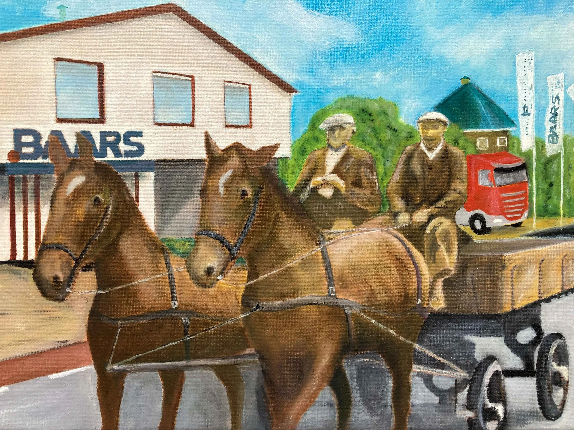 Schilderij van twee paarden voor een wagen met twee mannen in klederdracht, met op de achtergrond het huidige Baars-kantoor en een rode vrachtwagen.