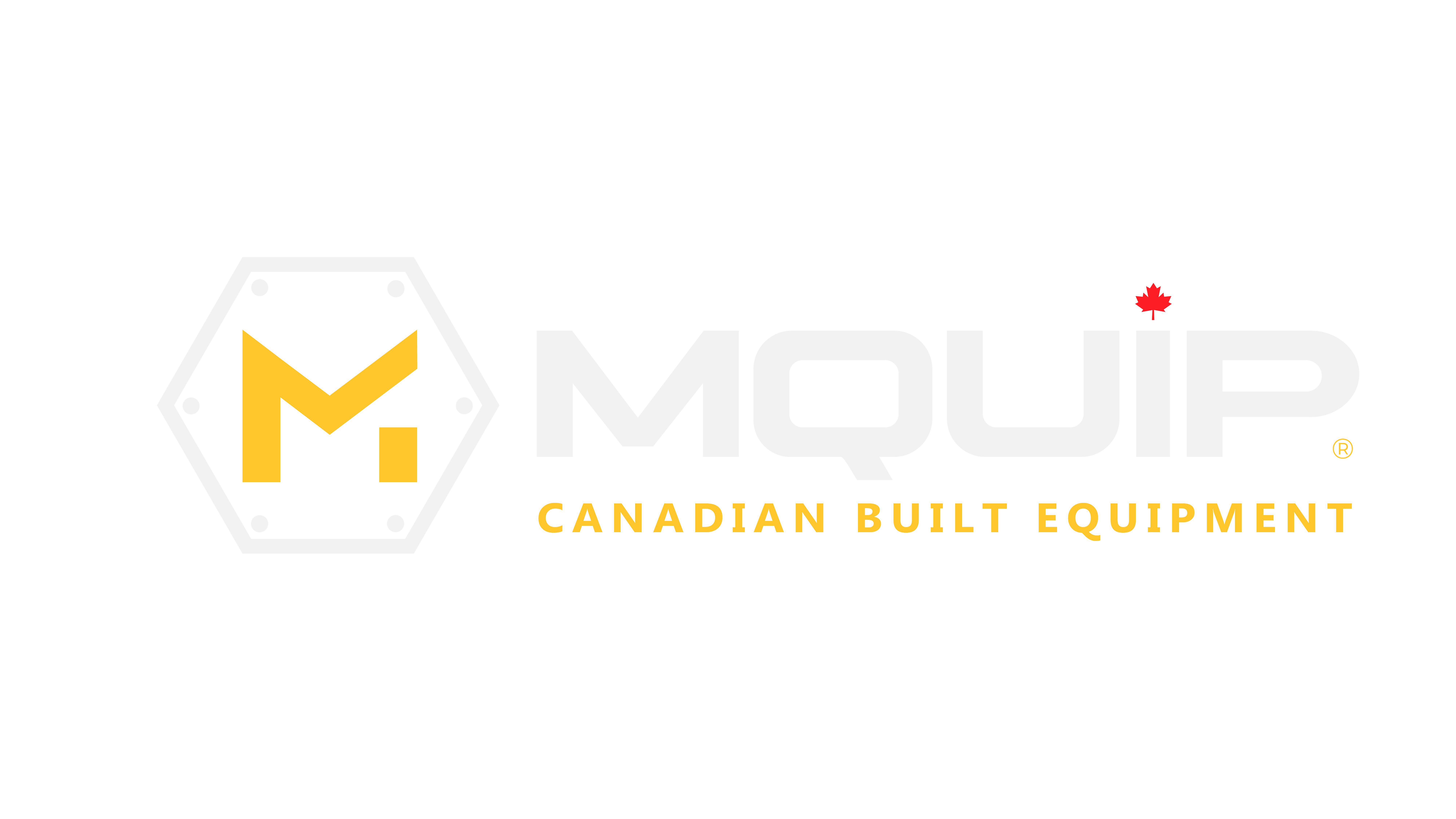 Mquip logo with a yellow stylized M inside a hexagon and the text 'MQUIP Canadian Built Equipment' featuring a small red maple leaf over the letter I.