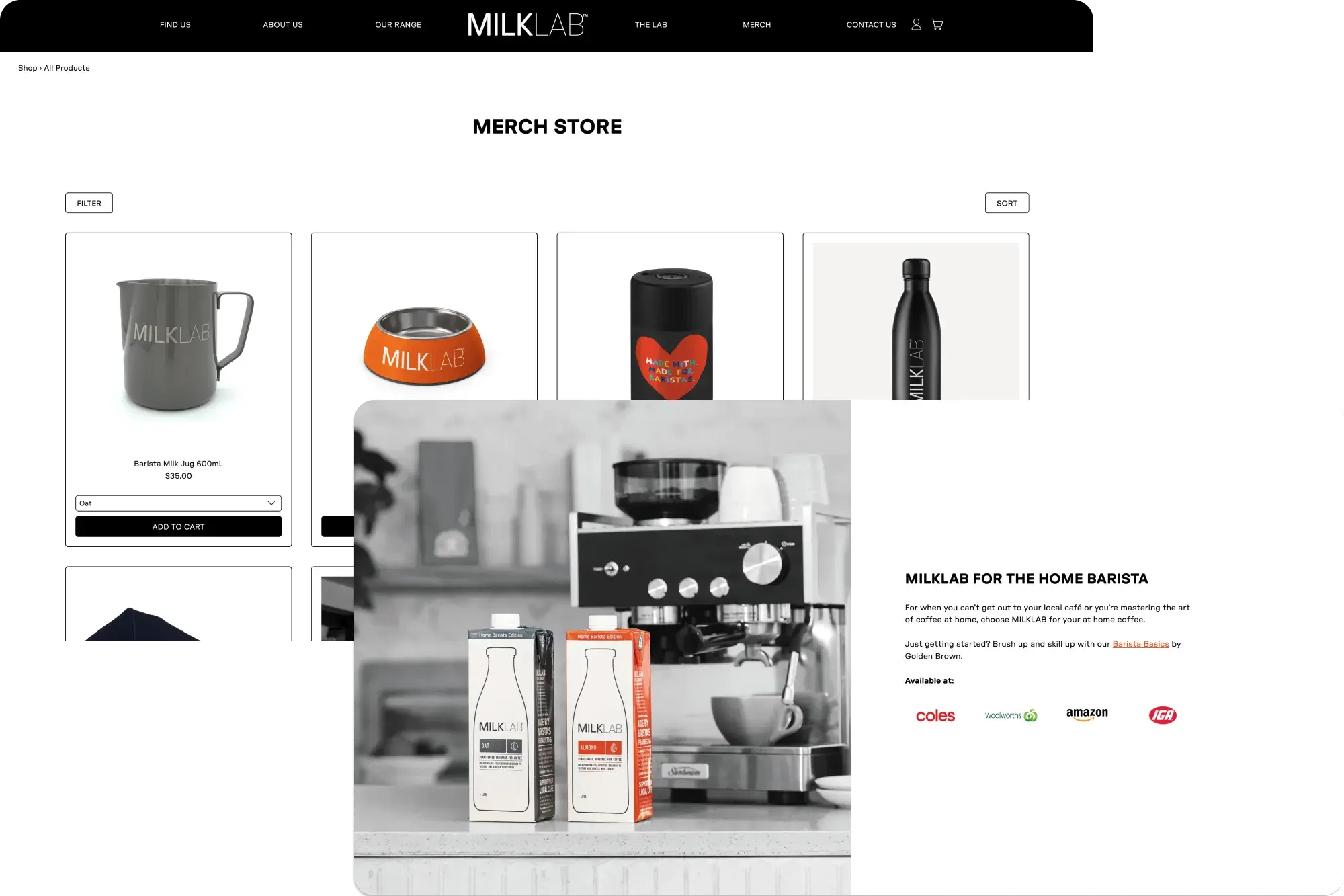 MILKLAB's merchandise store built in Shopify, and a website section for the 'Home Barista'