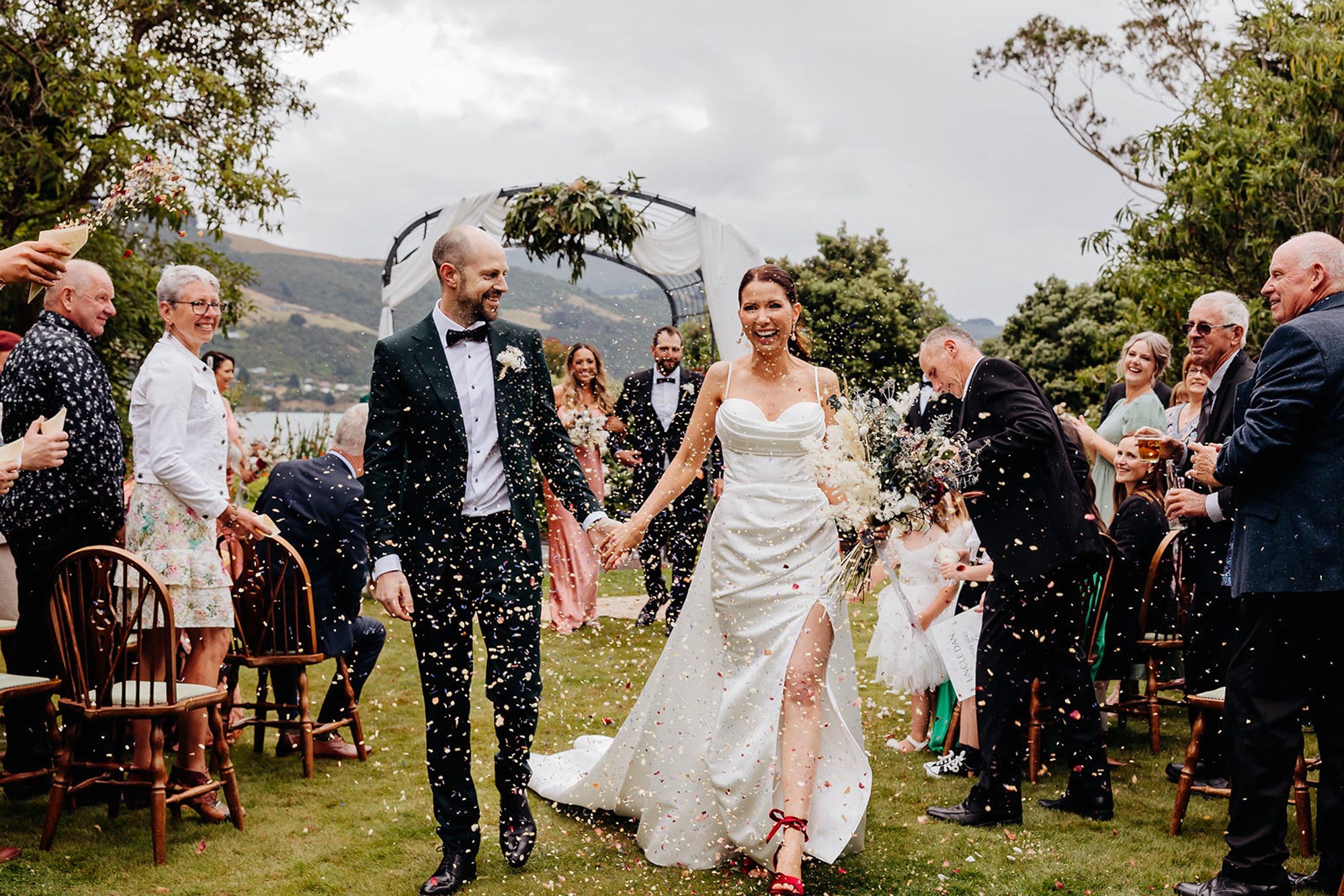 Ceremony on the beautiful Glenfalloch Gardens lawn overlooking the Dunedin Harbour.