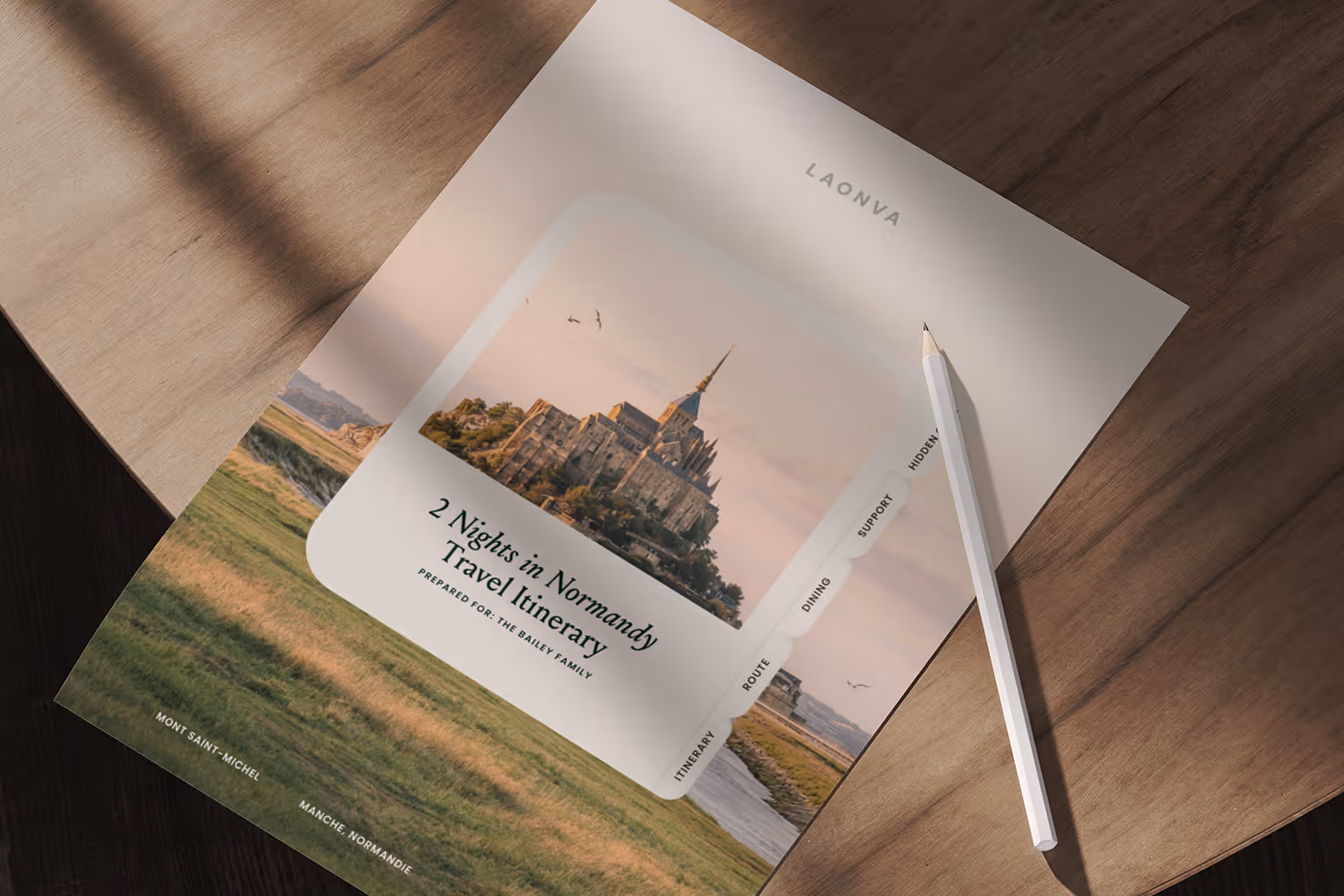 Printed Laonva 2-Night Normandy travel itinerary and driving route dossier on a wooden desk.