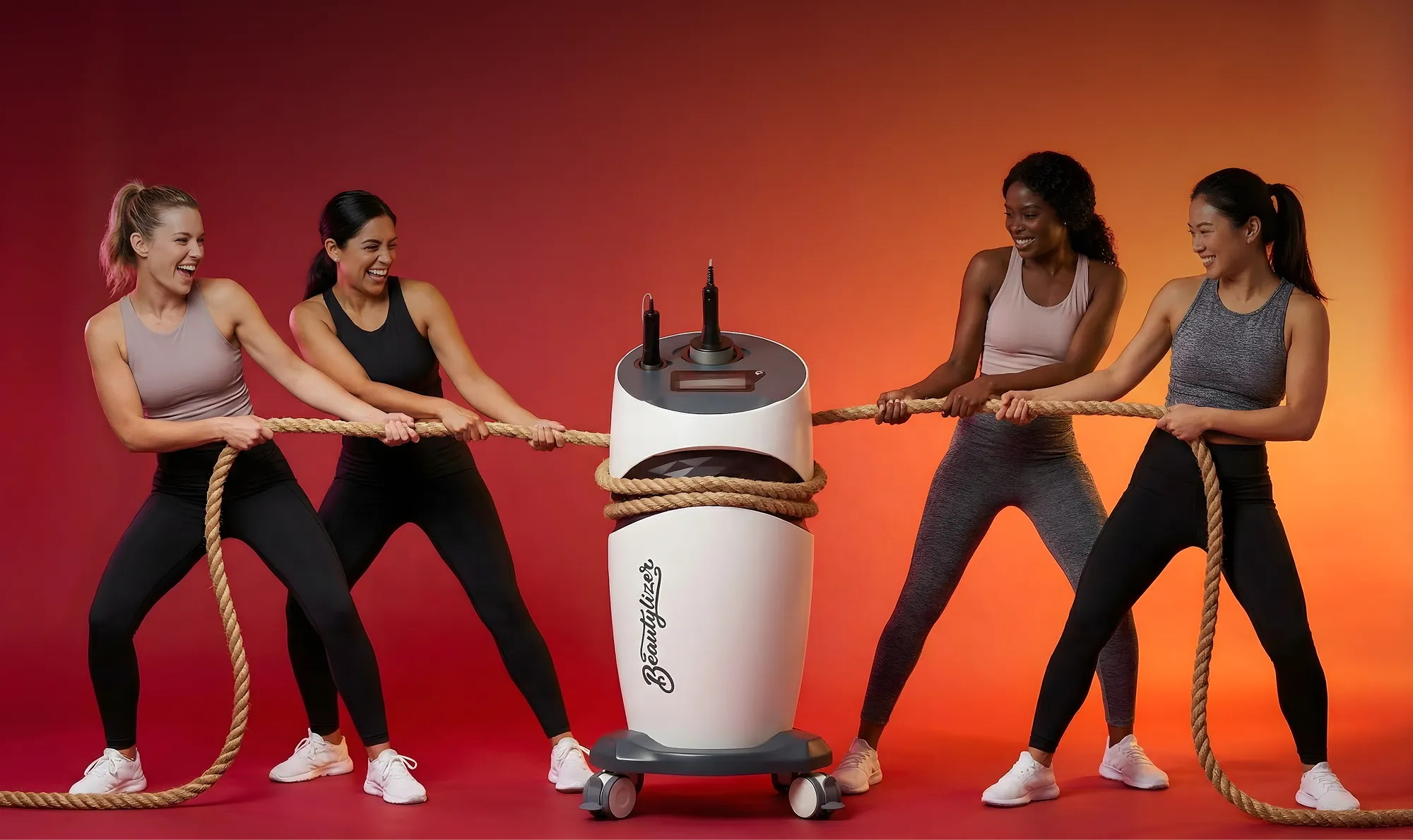 Four women doing tug of war with the Beautylizer DUO recovery device in a fitness studio