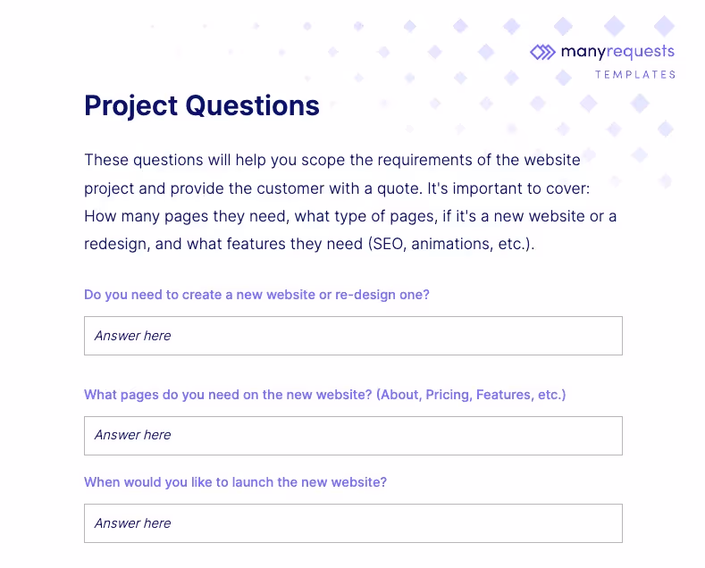 project requirements questions for website design