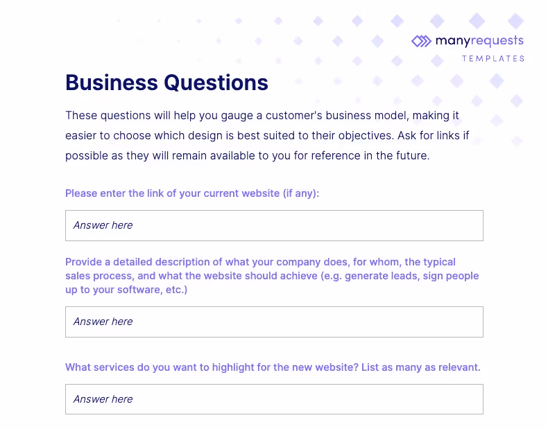business questions for website design project