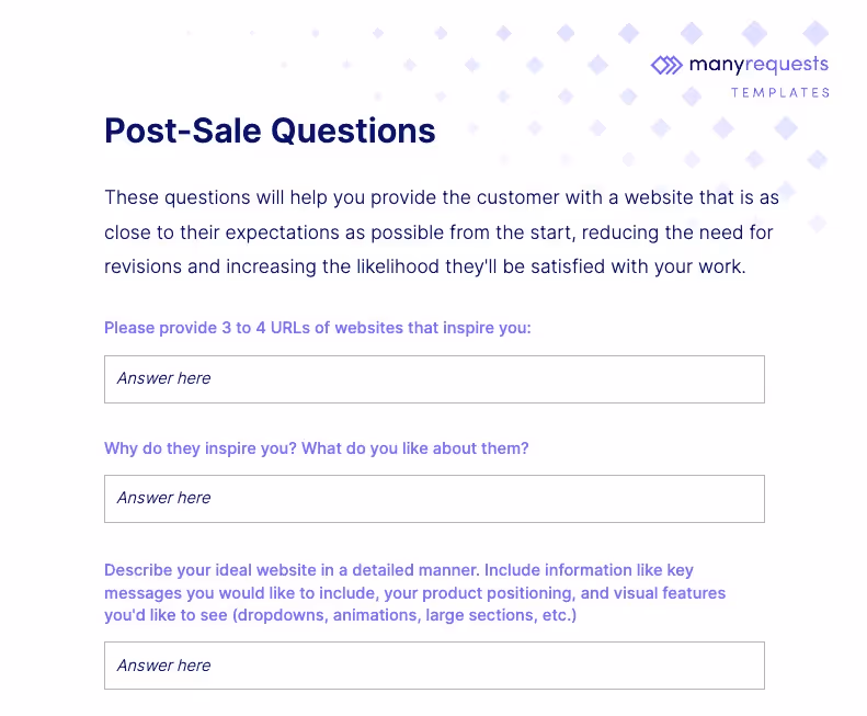 post sale questions for website design project
