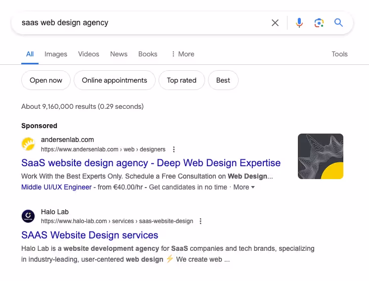 saas web design agency search on google showing targeted seo pages appearing