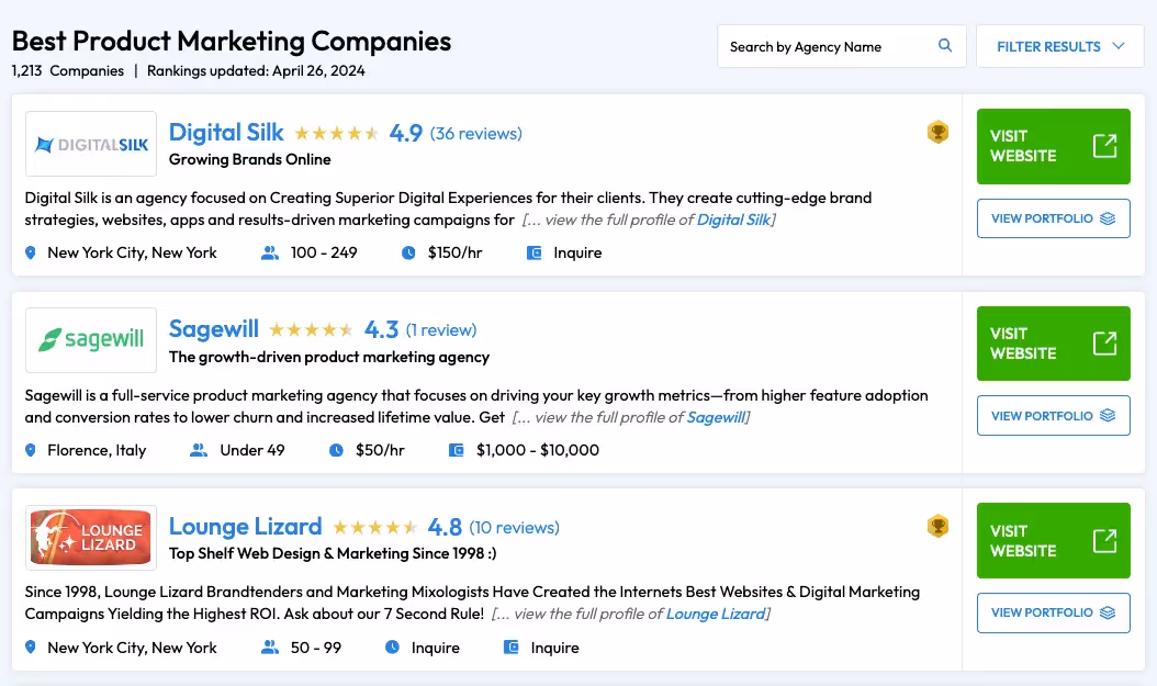 product marketing directory listings on designrush