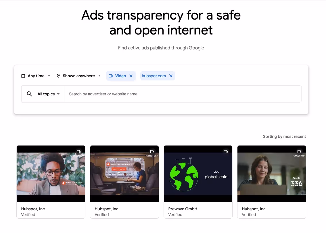 google ad transparency center showing video ads from hubspot for agency inspiration on how to get more clients