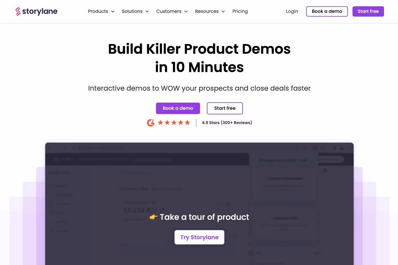 storylane home page offering interactive product demos to get more clients
