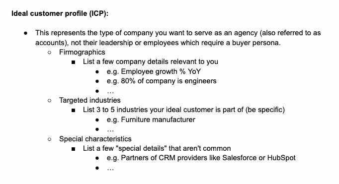 ideal customer profile section in marketing agency business plan template