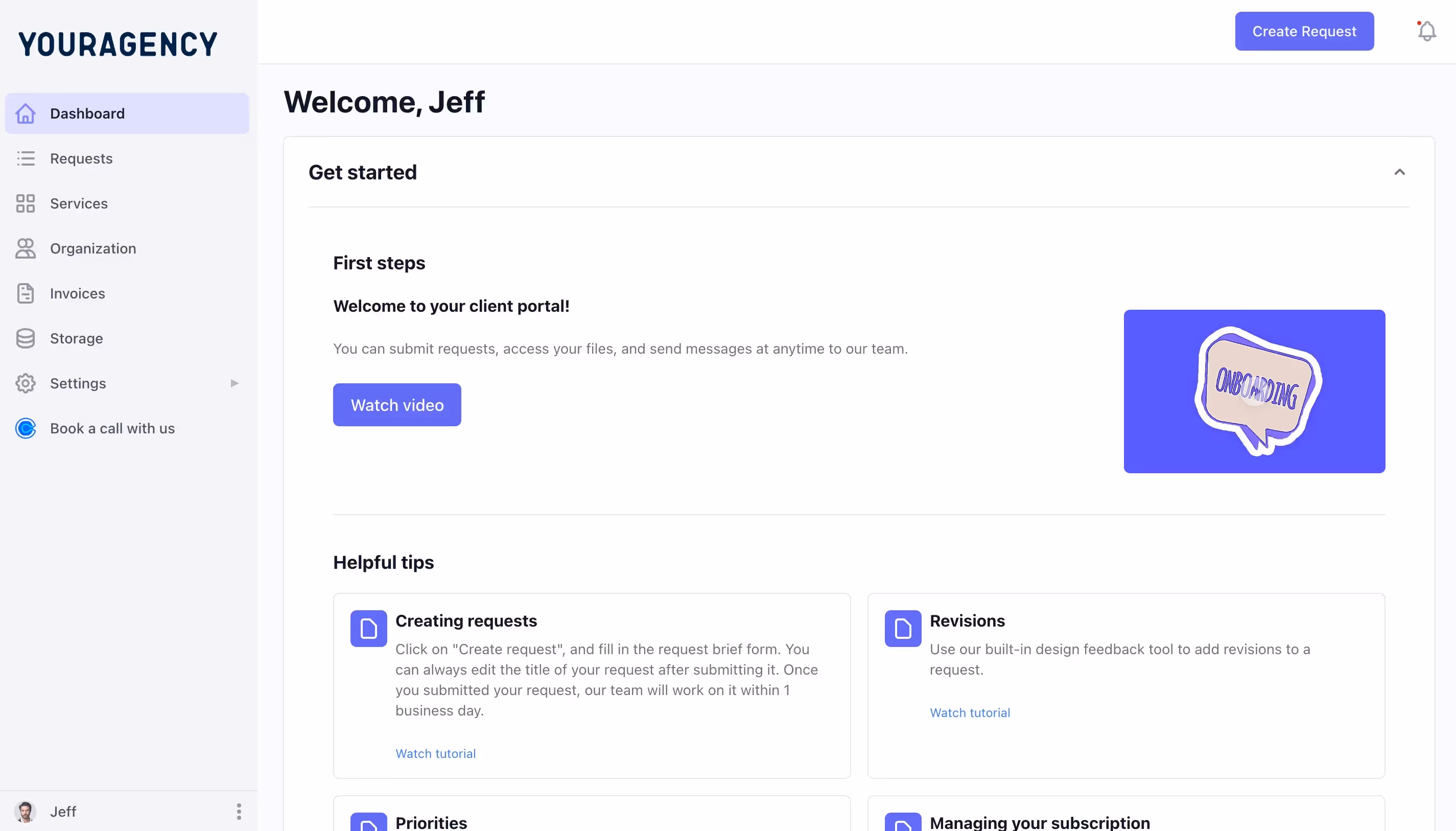 client onboarding screen welcoming the customer into their new manyrequests client portal