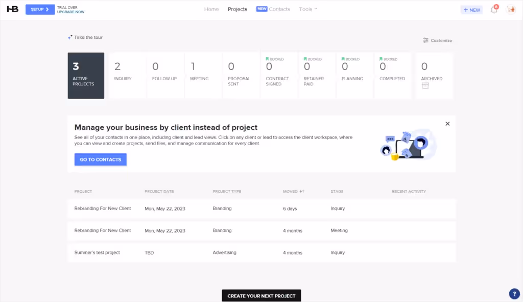 A task interface on HoneyBook
