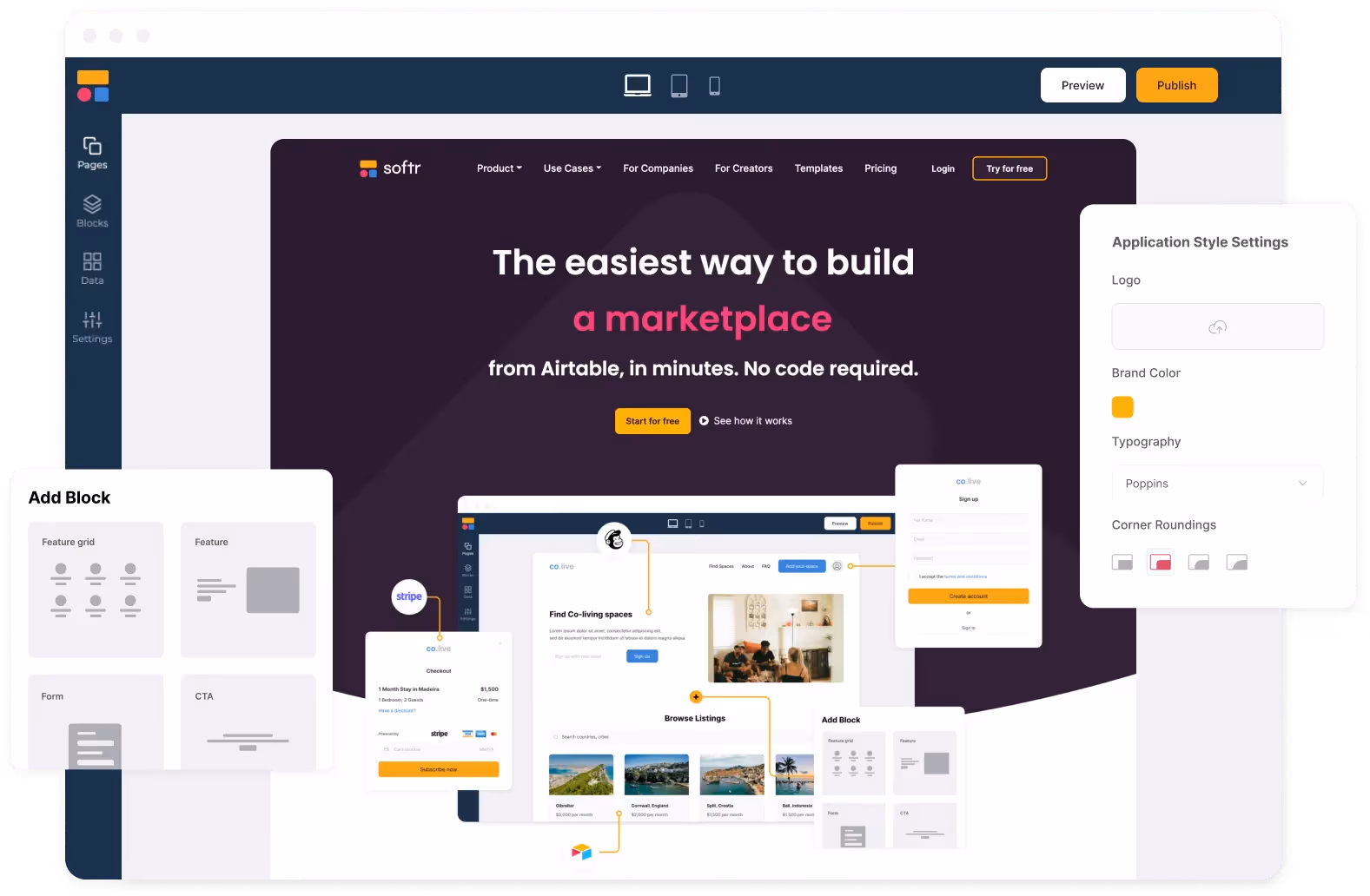Softr's user interface and overview of features