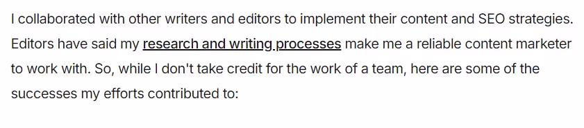 Call-out on how the results achieved for a client was a team effort