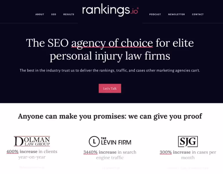 Landing page of rankings.io