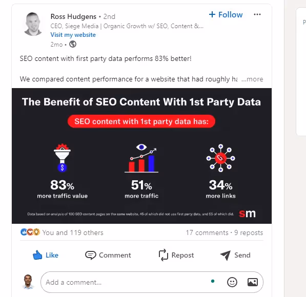 Repurposed blog post on LinkedIn by Ross Hudgens of Siege Media