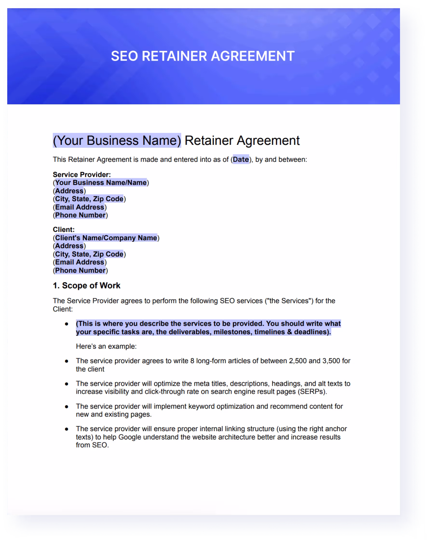 seo retainer agreement template preview by ManyRequests