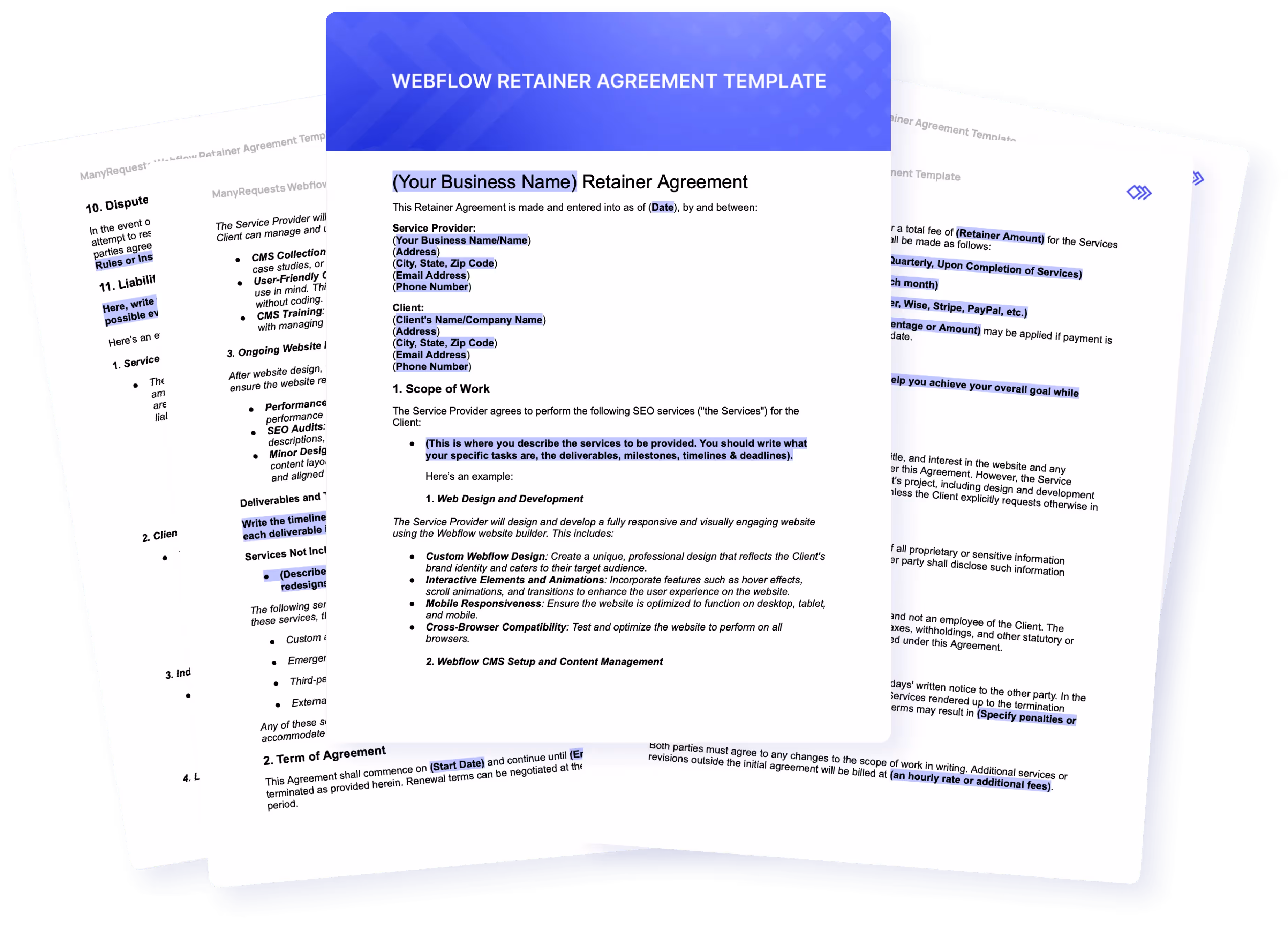 webflow retainer agreement template preview by manyrequests