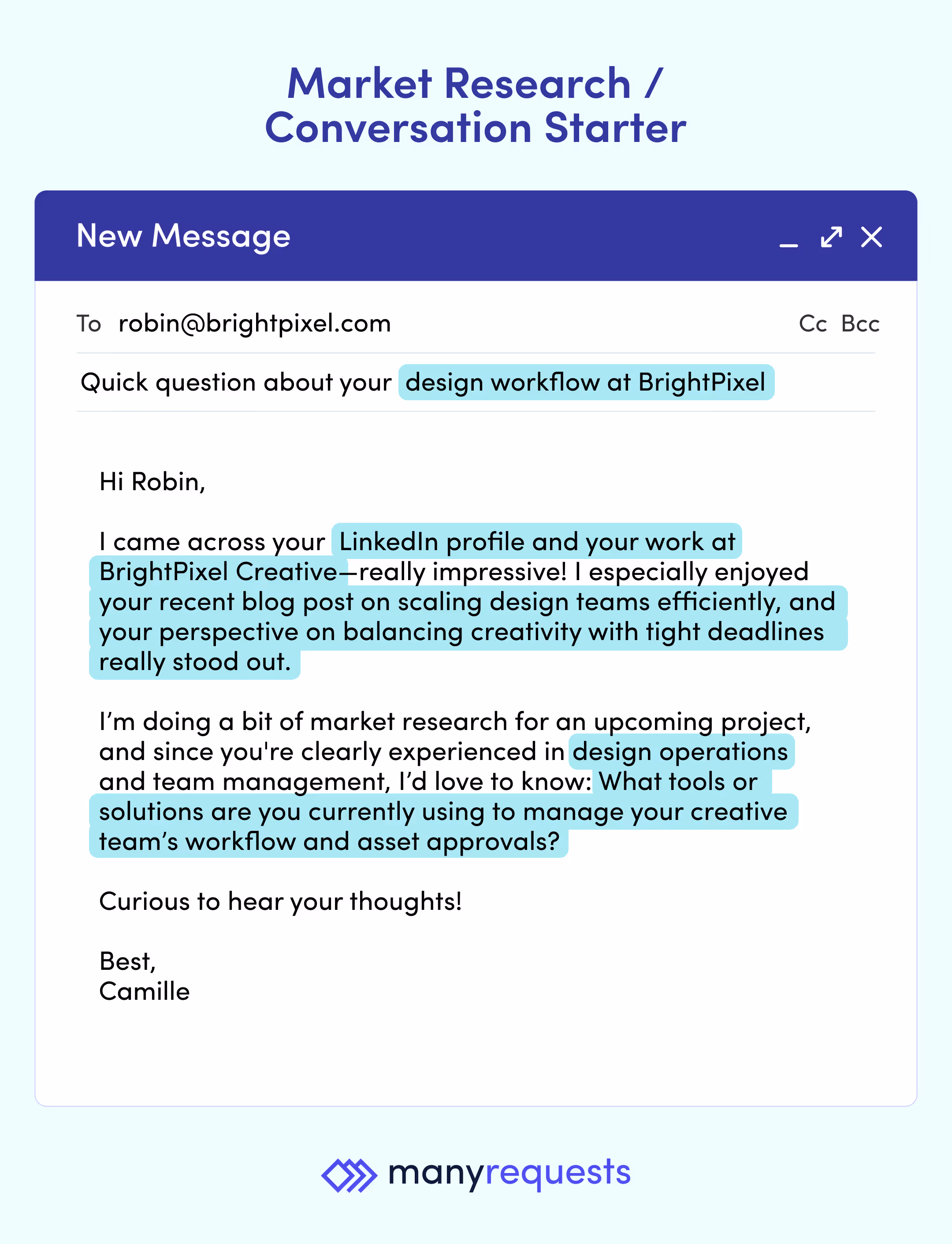 market research or conversation starter email example - cold email script by manyrequests