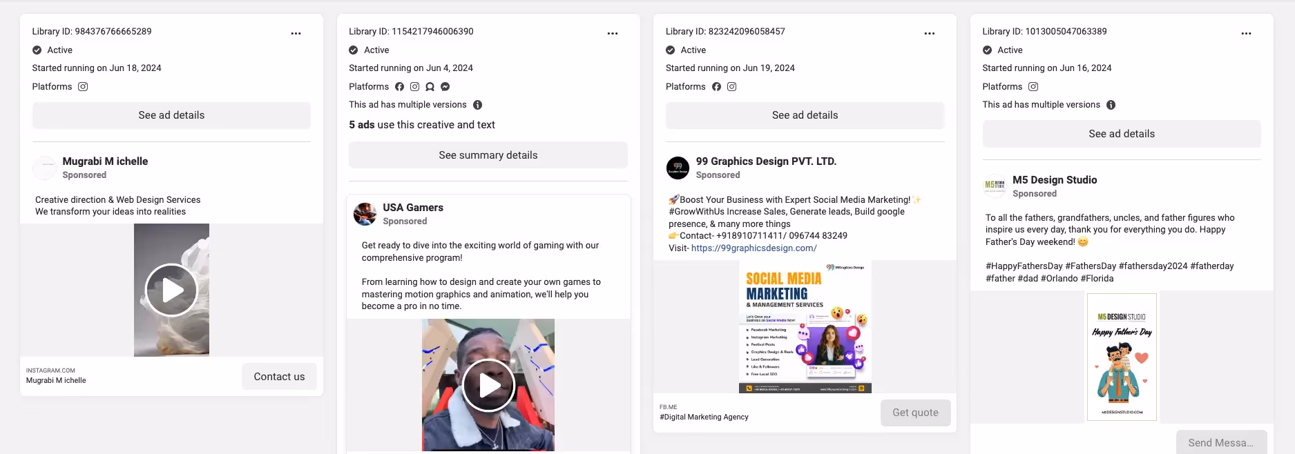 meta ads library showcasing various agency ad creatives
