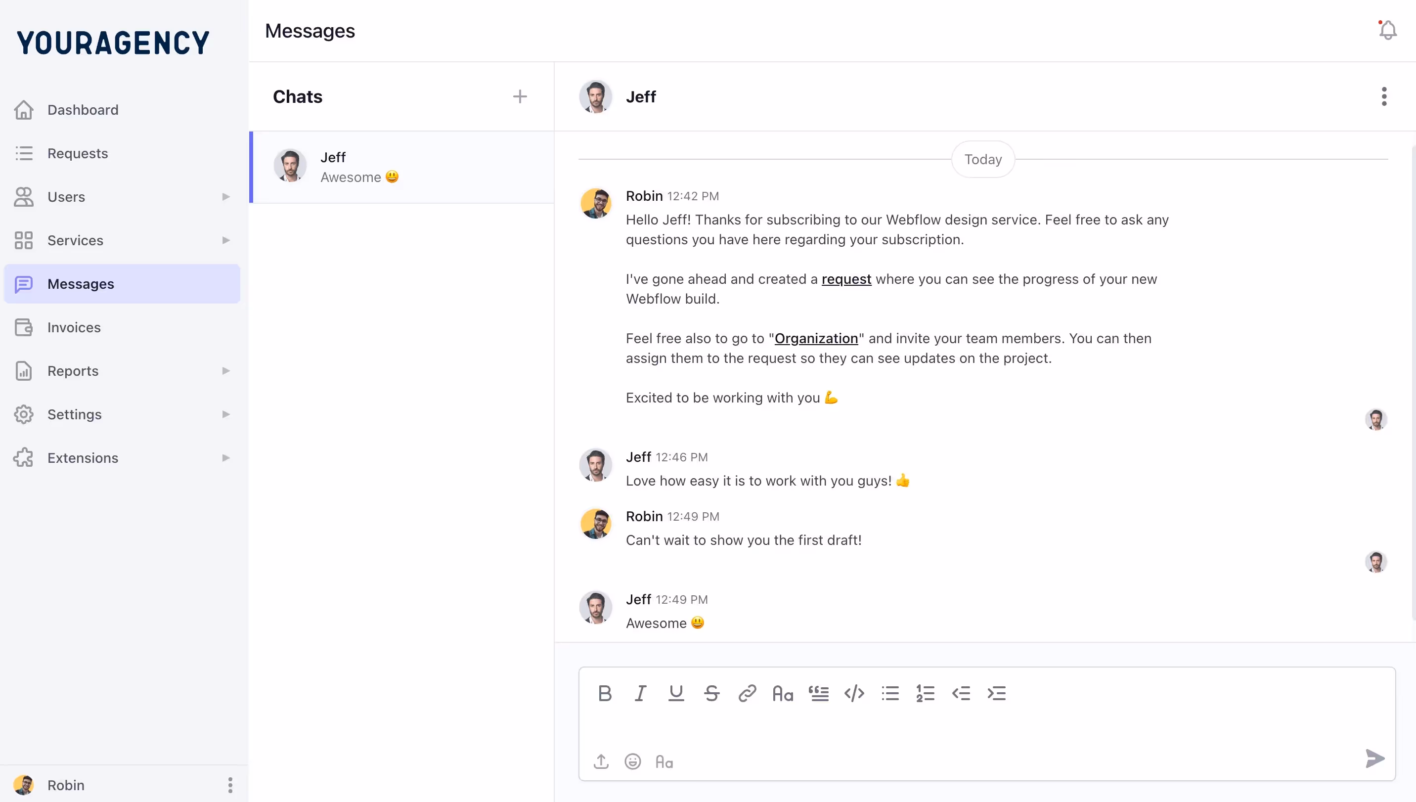 client communication and messaging view carried out by agency in manyrequests