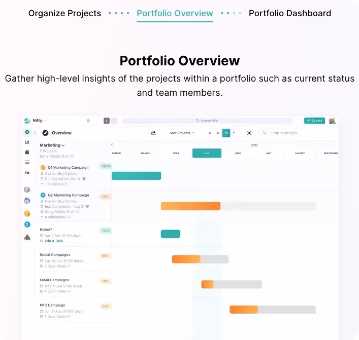 niftypm portfolio overview page showing a gantt chart of progress