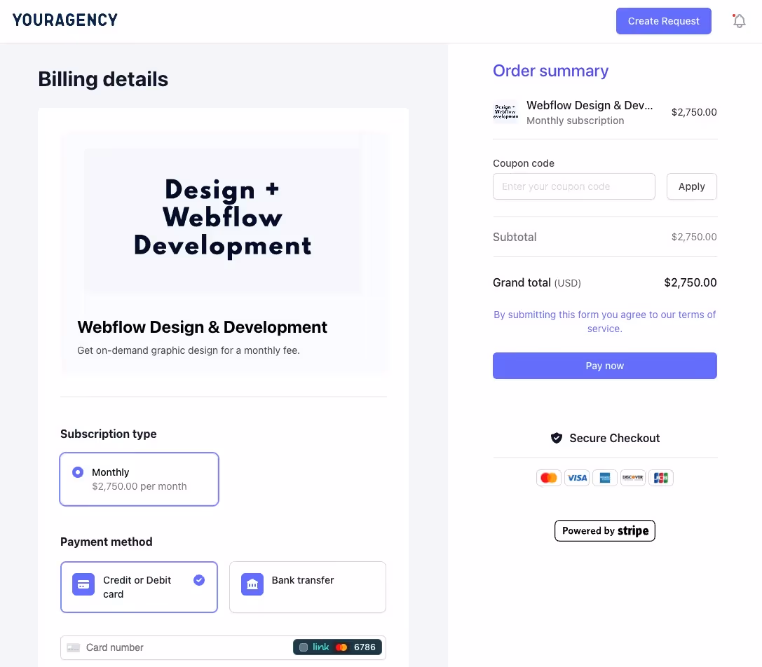 manyrequests service checkout experience for creative agency customers
