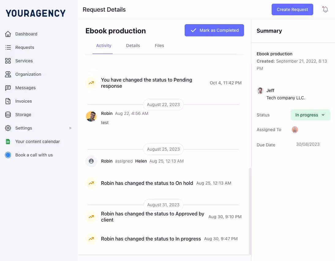 manyrequests request activity view for creative workflow with customers