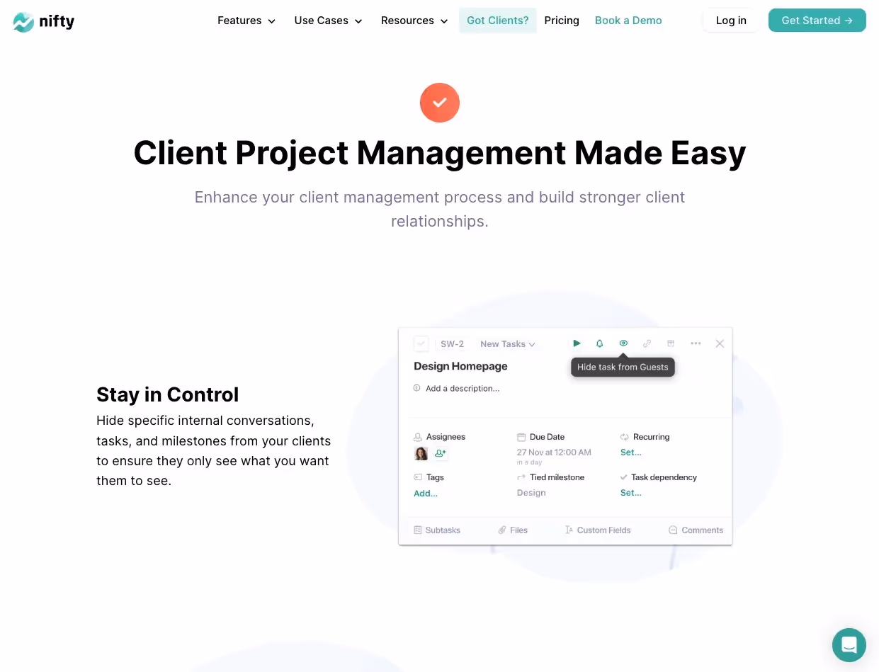 niftypm page view of their client management software for creative teams