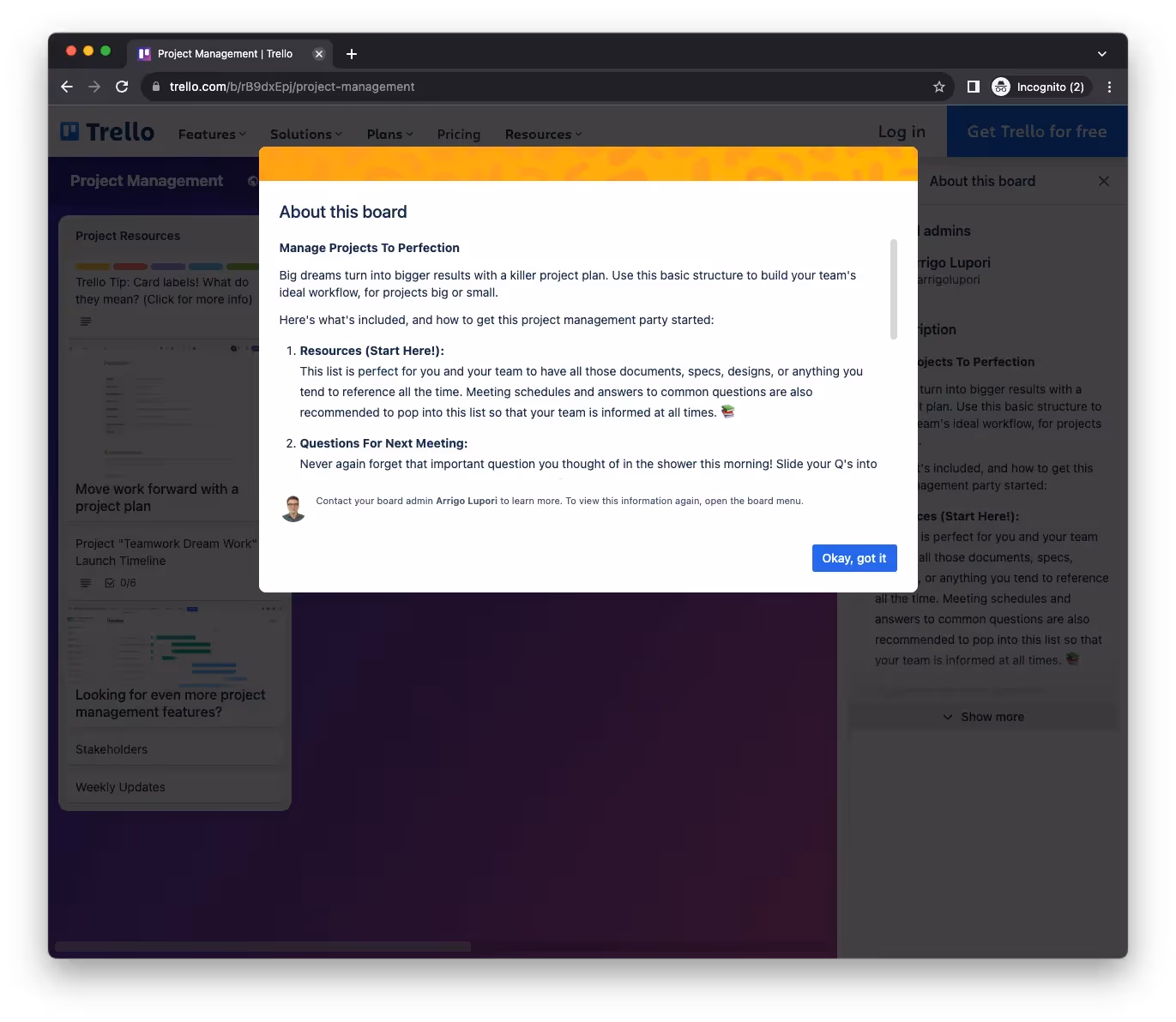 trello public board with onboarding screen for creative team