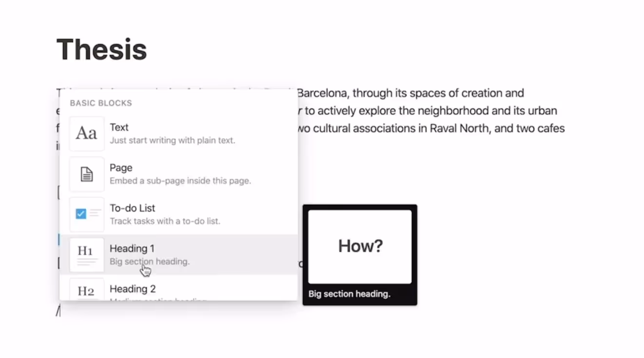 notion page blocks shown in a dropdown where you can choose from a selection