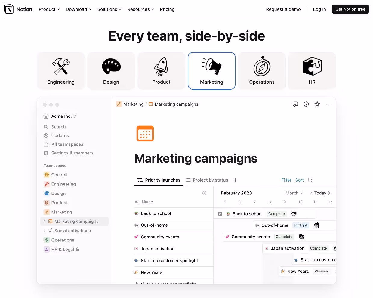 notion marketing campaign example from their home page