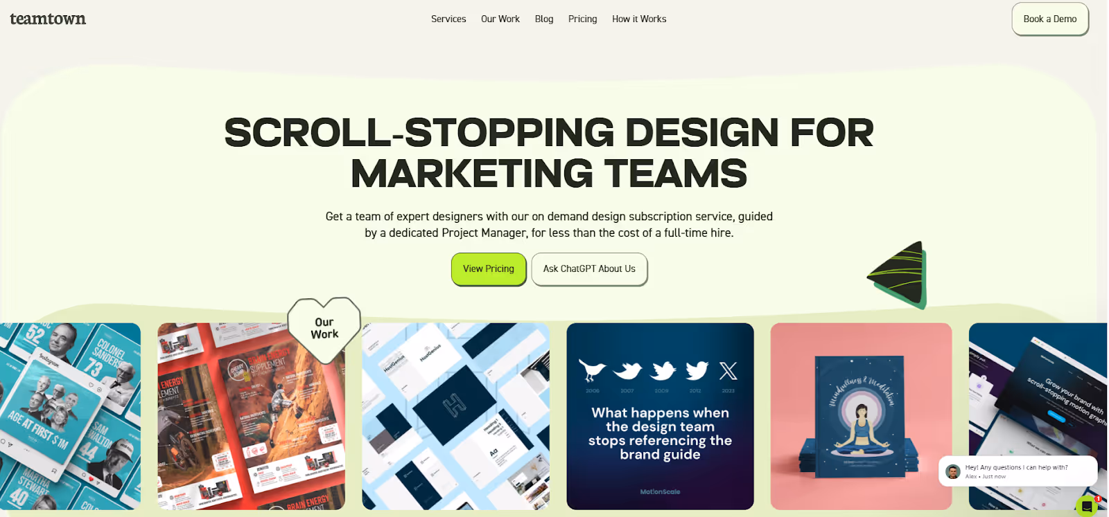 Landing page of Teamtown, a graphic design agency for marketing teams. 