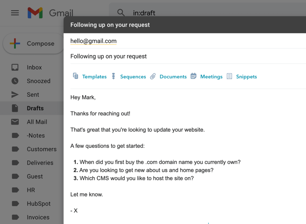 example of a bad email with too many questions
