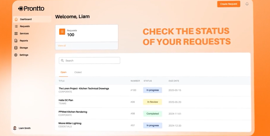 Prontto's well-designed client portal for their clients hosted on ManyRequests