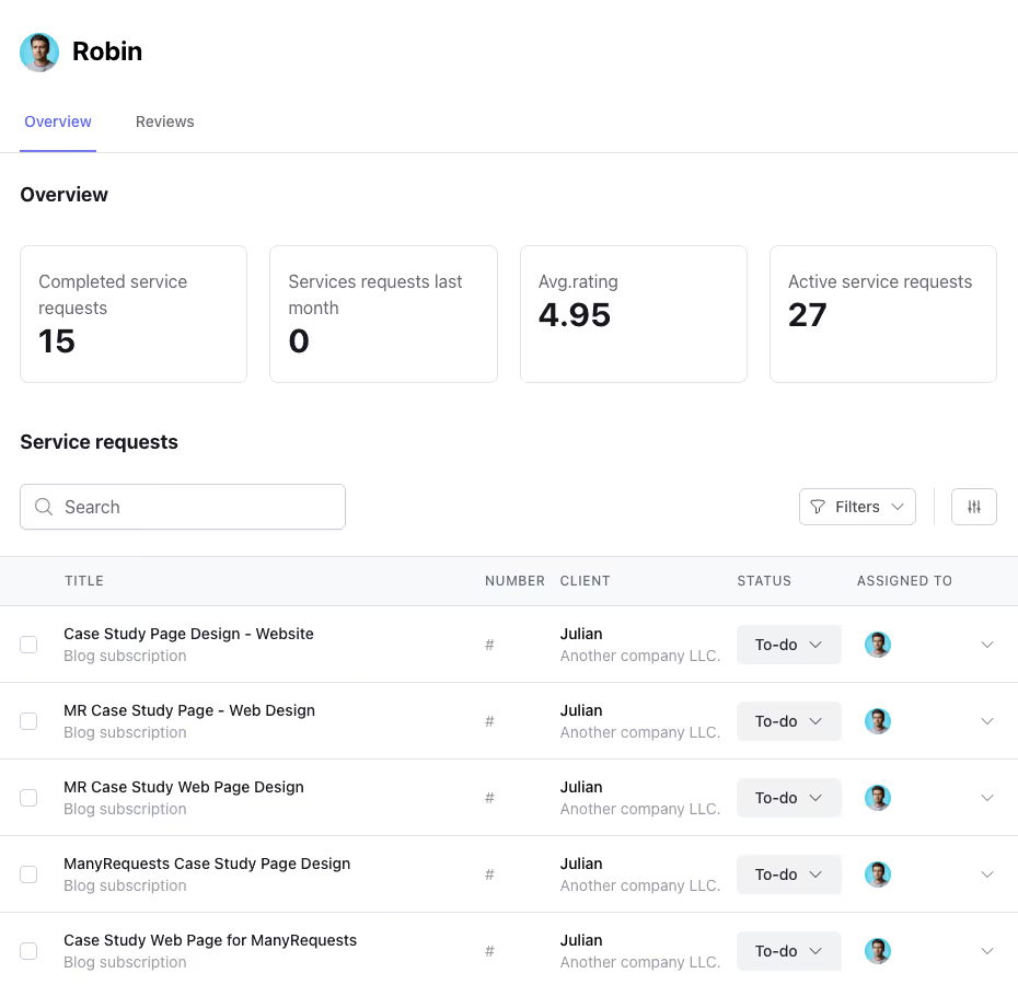 Demo of a client portal with a client showing the number of requests completed, average rating, and active requests