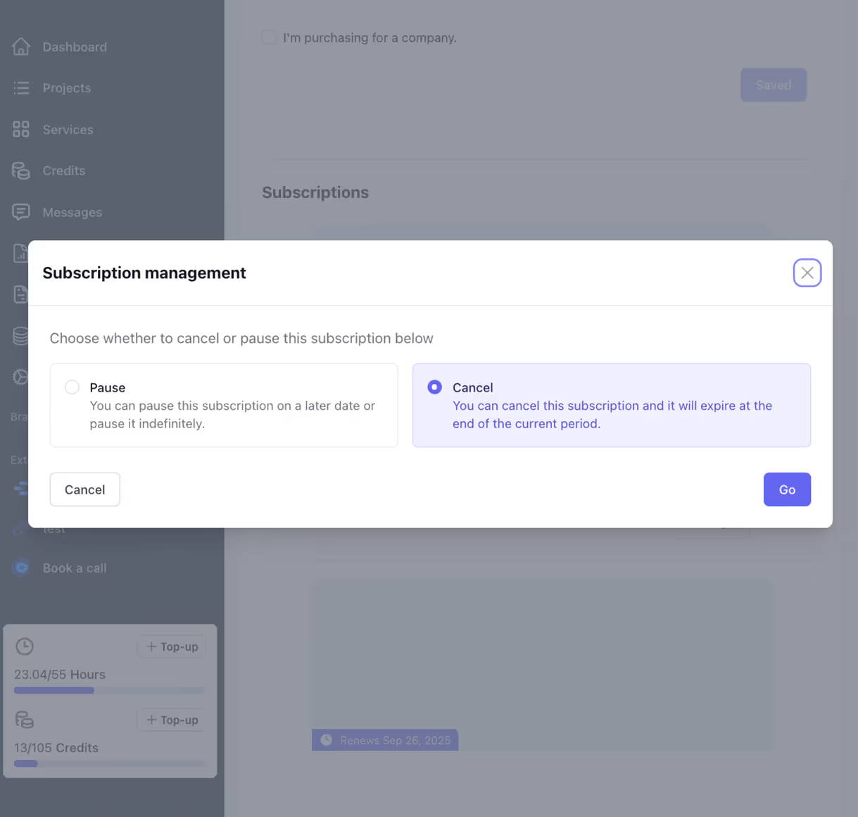 demo showing that a client dashboard to pause or cancel their subscription