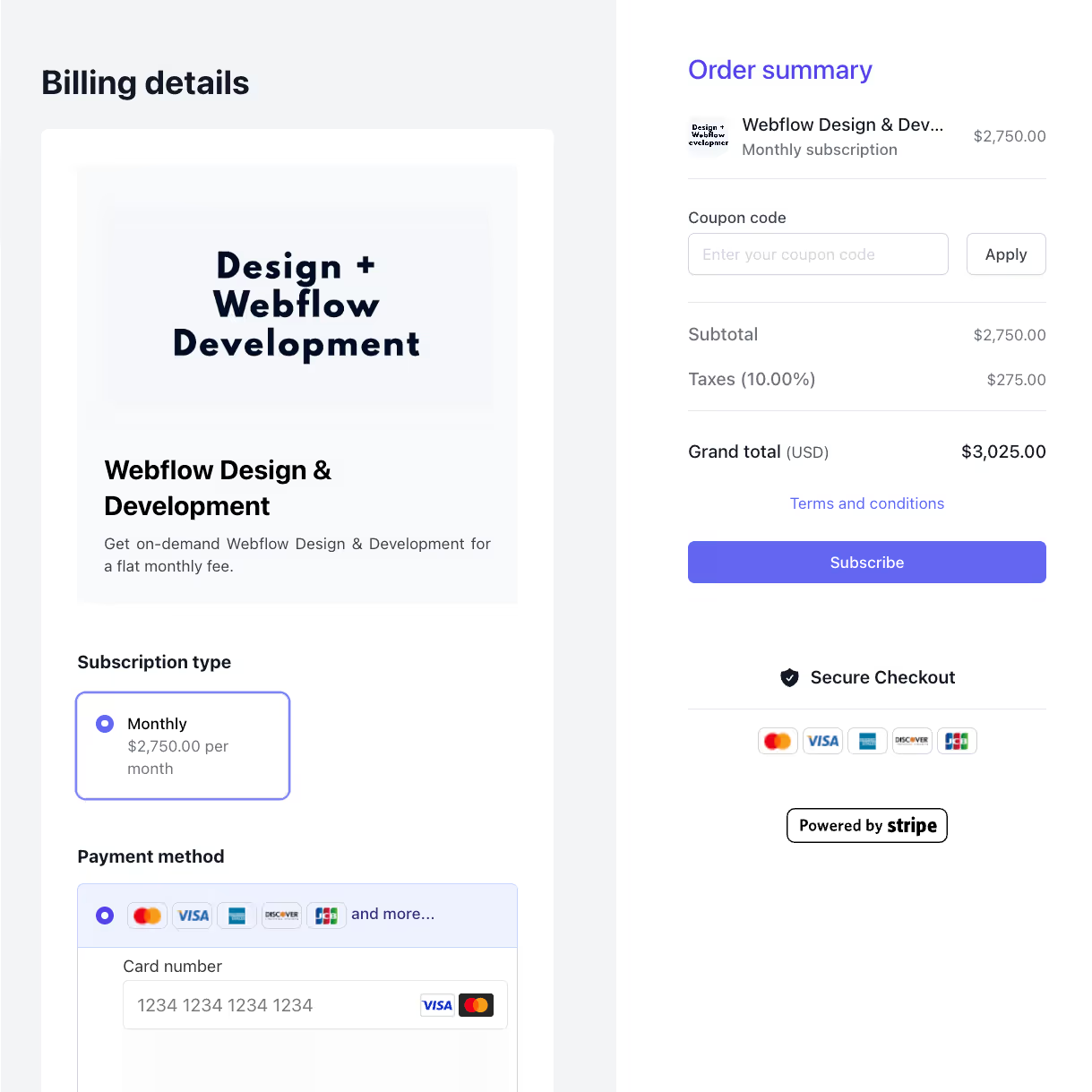 ManyRequests checkout for a Webflow subscription at $2,750 per month