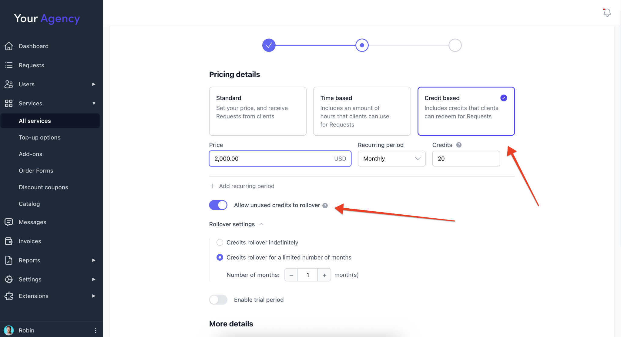 Allow unused credits to rollover indefinitely or for a limited number of months on ManyRequests