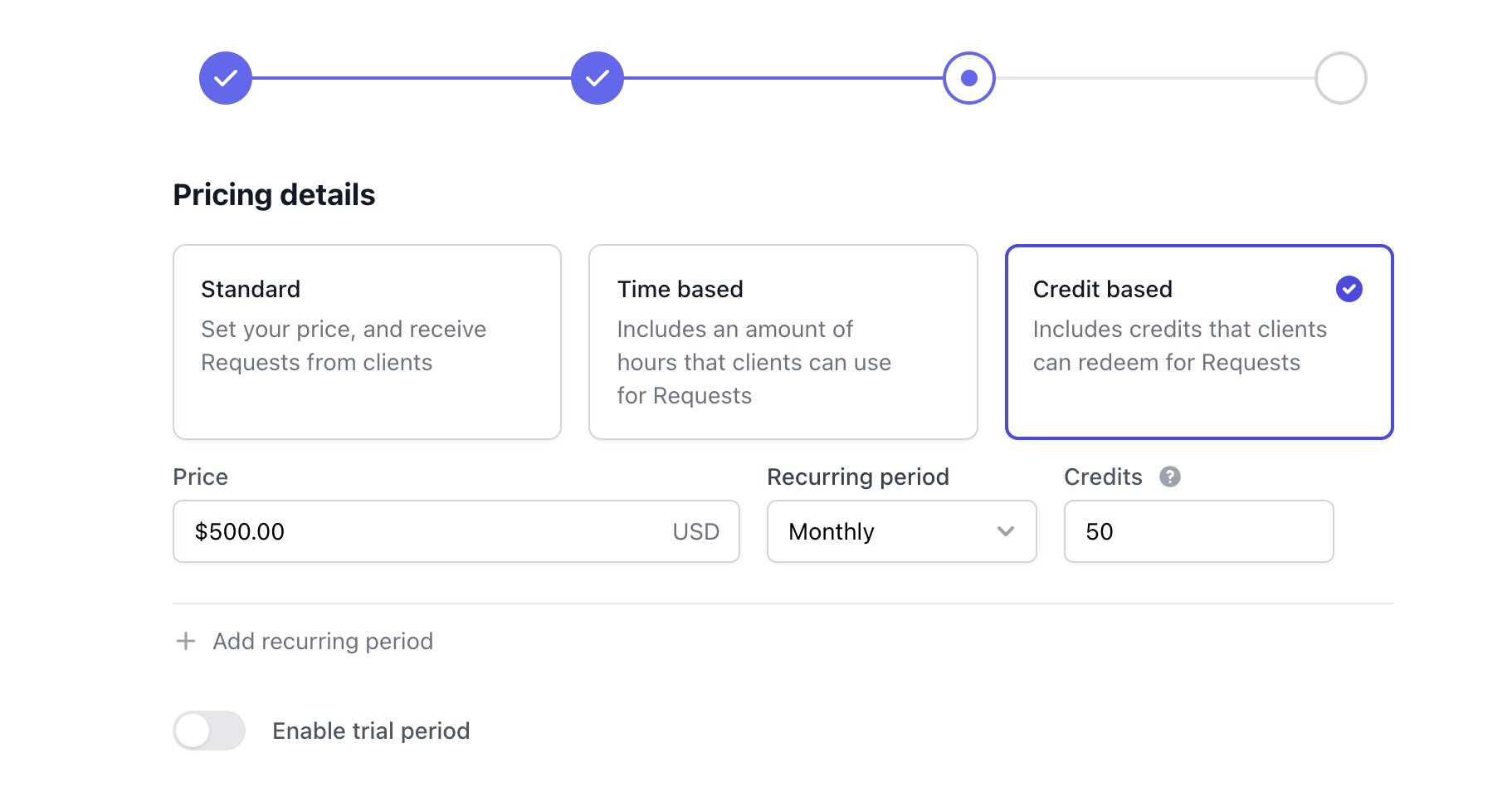 ManyRequests pricing options: standard, time-based, and credit-based service types