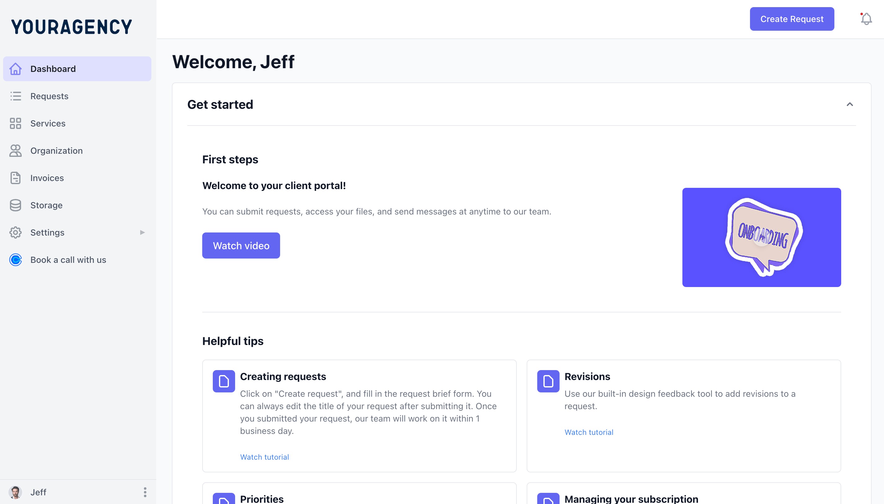 client onboarding screen welcoming the customer into their new manyrequests client portal