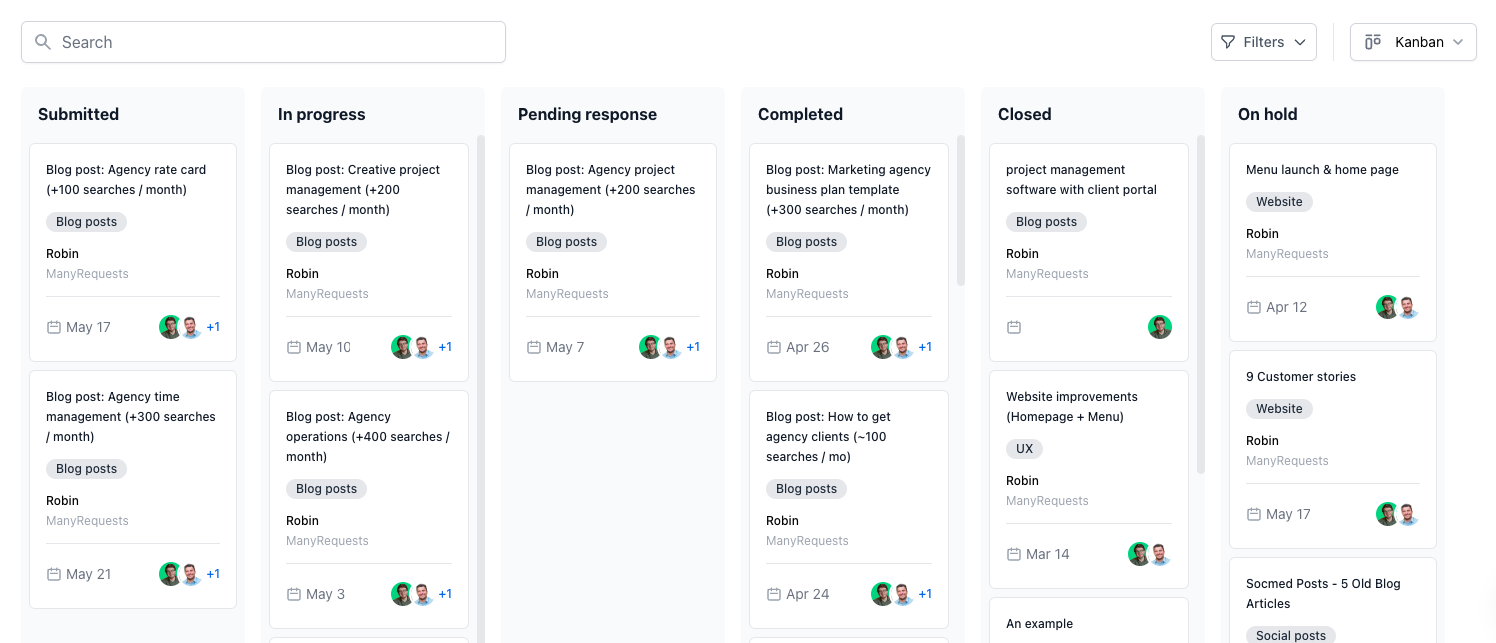 manyrequests kanban board for agile agency project management