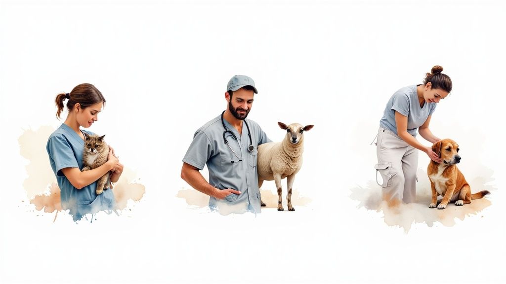 A woman smiles as she crouches down to greet a friendly, golden-haired dog in a park.