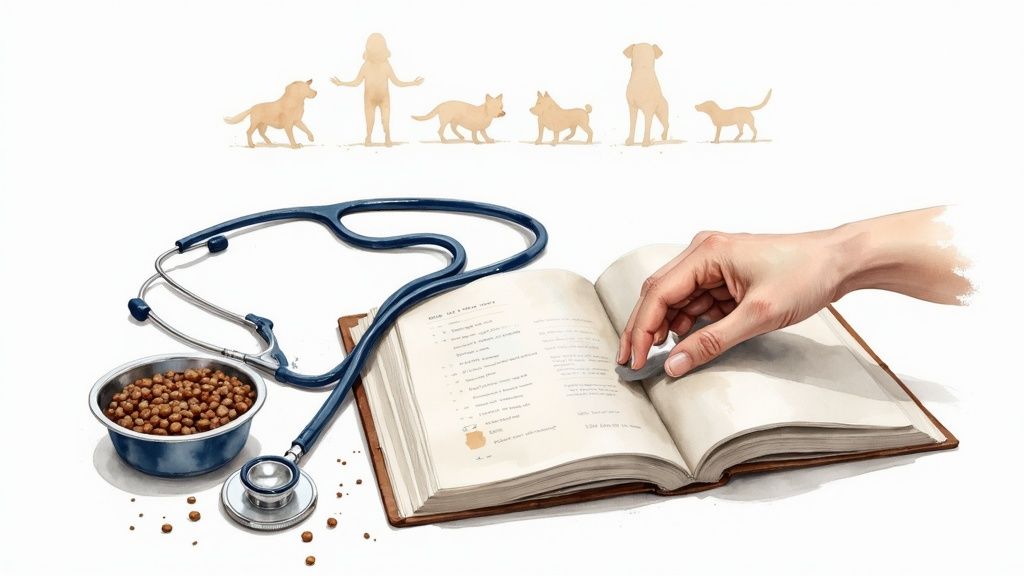 A student taking notes in a classroom with animal anatomy diagrams in the background.