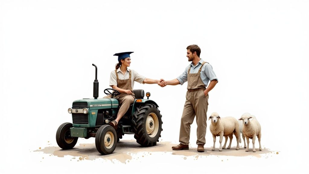 A recent graduate stands confidently in a lush green pasture, looking out over a herd of cattle at sunrise.
