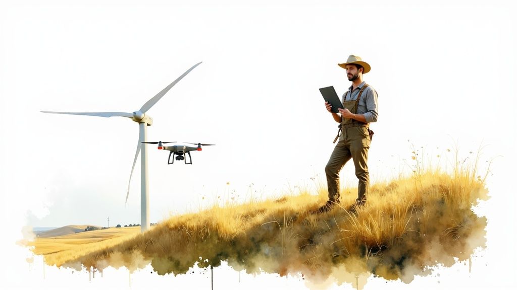 A farmer standing in a lush green pasture in New Zealand, looking thoughtfully at the landscape.