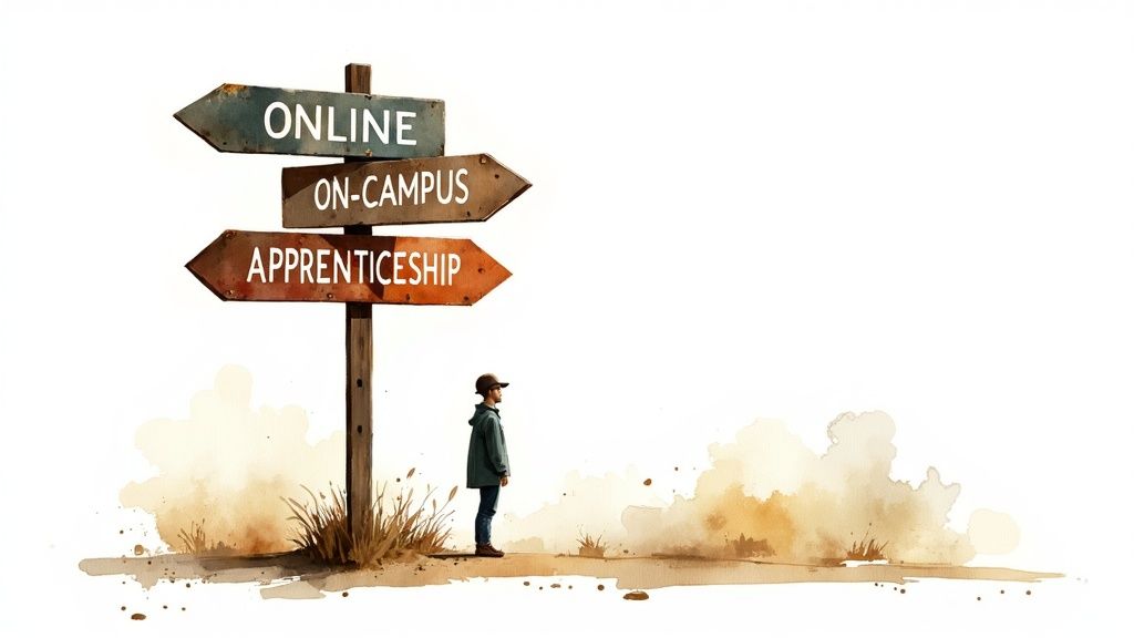 A person using a checklist to evaluate farming course options, with a scenic New Zealand farm in the background.