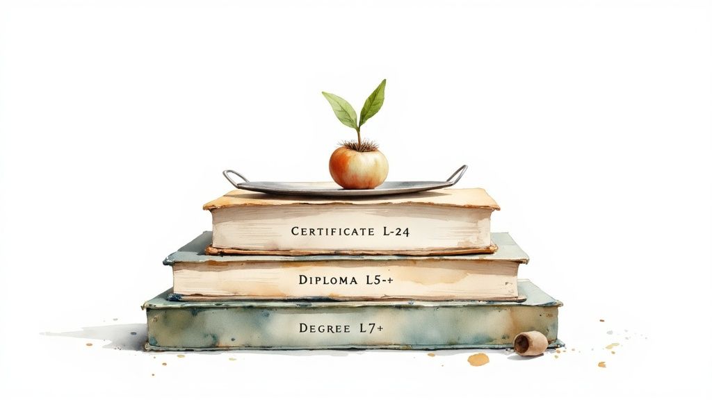 A student in a farming course inspecting plants in a greenhouse, representing the practical learning aspect of agricultural qualifications.