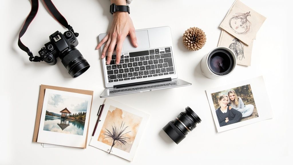 Photographer adjusting camera settings on a tripod