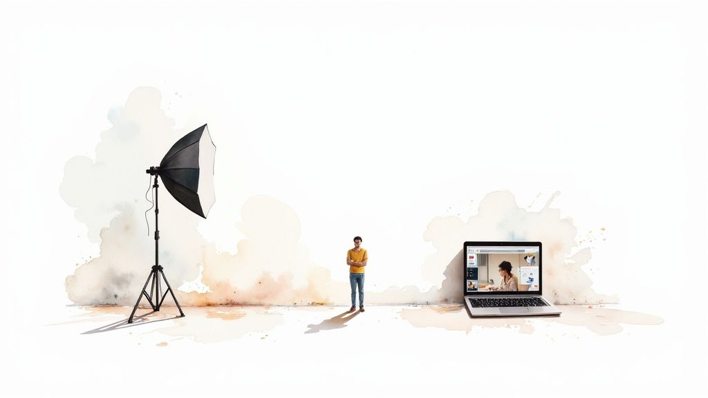 Photographer learning online with a laptop in a scenic New Zealand setting